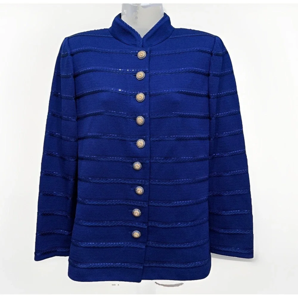 ST JOHN Evening Royal Blue Santana Knit Paillettes Sequins Tunic Jacket Size 8
